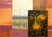 Collage nepalesisches Papier auf Leinwand und &Ouml;l auf Leinwand 80 x 60 cm