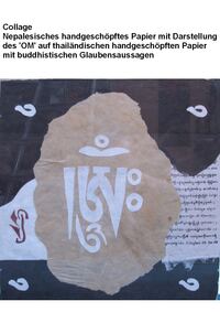 Nepal Ohm Collage handgesch&ouml;pftes Papier aus Nepal 60 x 60 cm hinter Glas